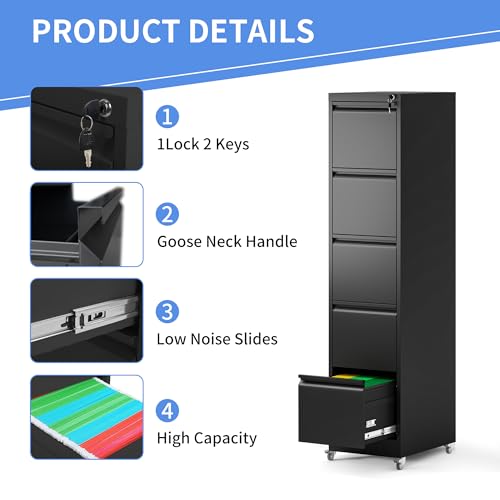 5 Drawer File Cabinet with Wheels, Metal Mobile File Cabinet with Lock, Rolling Filing Cabinet Home Office for Hanging File Folders, Letter Size, Legal Size, A4 Size, Require-Assembled, Black - color: Black, size: 64.10"H-5 Drawer