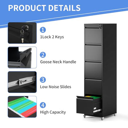 5 Drawer File Cabinet with Wheels, Metal Mobile File Cabinet with Lock, Rolling Filing Cabinet Home Office for Hanging File Folders, Letter Size, Legal Size, A4 Size, Require-Assembled, Black - color: Black, size: 64.10"H-5 Drawer