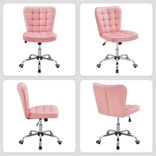 Yaheetech Pink Tufted Armless Office Desk Chair with Wheels, Faux Leather - color: Pink