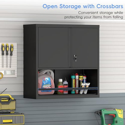 Metal Garage Storage Cabinets, Lockable Black Cabinet, Tool Cabinets Storage Wall Mounted, Hanging Cabinet with Guard Bar for Home Office, Basement - color: 30.7"h - Black