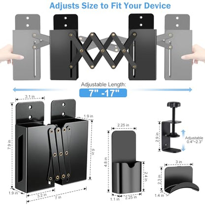 Desk Side Storage，Under Desk Clamp-on Vertical Laptop Holder,7-17 Inch Length Adjustable with Pen & Headphone Holder,No Drill Storage Shelf for Desk，Fits Table Edge 0.4" to 2.3"(Black)