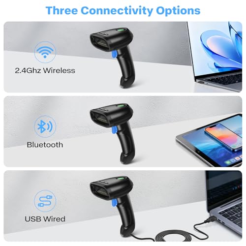 Bluetooth 1D&2D Barcode Scanner, 3-in-1 Bluetooth & USB Wired & 2.4G Wireless QR Barcode Reader, PDF417 Data Matrix Handheld Bar Code Scanner Work with Windows, Android, iOS (TM-10B) - color: Blue