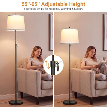 Antique Black Gold Floor Lamp Adjustable Height 55" to 65" Tall Standing - color: Retro Black Gold+White Shade