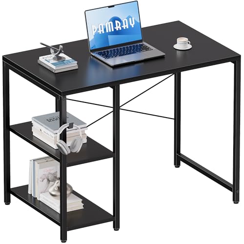 Pamray 32 Inch Small Computer Desk with Shelves for Bedroom Small Spaces | For Home Office, Dorm and Apartment, for Study and Writing, Headphone Hook, Space-Saving, Compact, Easy Setup - color: Black