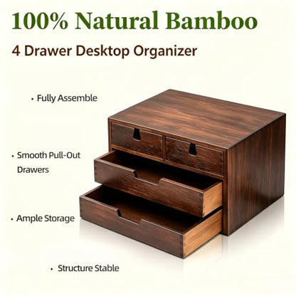 DEAYOU Bamboo Desk Organizer, 100% Natural Bamboo Desktop Drawer Organizer, Dark Brown Tabletop Storage Cabinet Organization Box with 4 Drawer for Makeup, Letter, Home, 3 Layer, Fully Assemble