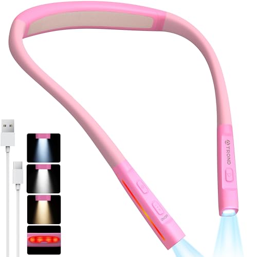 TROND LED Neck Reading Light, 1000mAh Rechargeable Lamp for Reading, Pink | 3 Color 3 Brightness Book Light for Reading, Flexible Arm with Outdoor Warning Lamp, Eye-Caring for Crochet,Book Lovers Gifts - color: Rose Pink