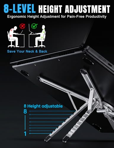 4-in-1 Foldable Laptop Stand & Magnetic Phone Holder, Silver Aerospace Aluminum Portable Desk Mount with N52 MagSafe Compatible Tripod Handle for MacBook Pro, iPad, Travel & Vlogging - color: Silver
