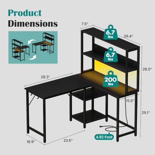 OLIXIS L Shaped Desk, Gaming Desk, LED Lights, 43 Inch | Power Outlets, Reversible Corner Home Office Table, Adjustable Shelf CPU Stand, Black - size: 43.3 IN