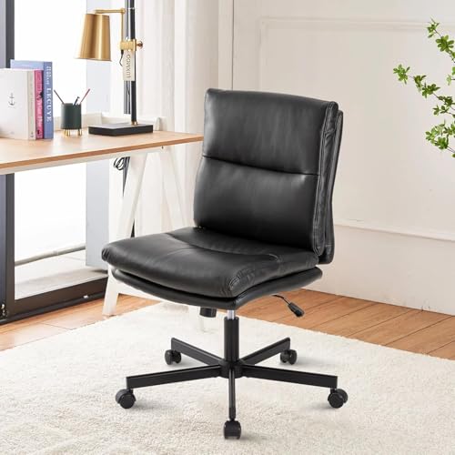 LUCKWIND Armless Office Desk Chair with Wheels, Mid-Back Criss Cross Swivel Task Chair, Height Adjustable Cushioned Vanity Chair, Double Padded PU-Leather Chairs for Home, Office & Bedroom (Black) - color: Black