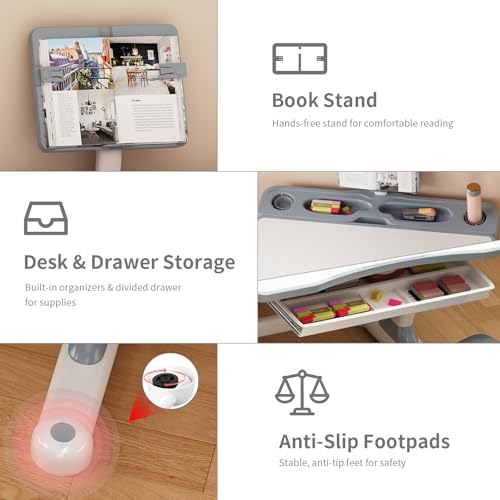 Kids Adjustable Desk and Chair Set 3-12, Children School Study Desk-11GREY | Height Adjustable | 50° Tilt Desktop | Book Stand & Metal Hook & Storage Drawer | Writing Drawing Table for Boys and Girls - color: 110-grey-27.5in