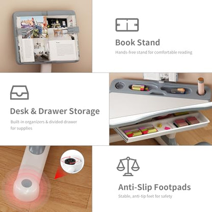 Kids Adjustable Desk and Chair Set 3-12, Children School Study Desk-11GREY | Height Adjustable | 50° Tilt Desktop | Book Stand & Metal Hook & Storage Drawer | Writing Drawing Table for Boys and Girls - color: 110-grey-27.5in