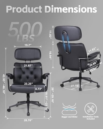 Mid Century Modern Home Office Desk Chair, Ergonomic Office Chair Big and Tall, High Back Executive Office Chair Leather Extra Wide, Computer Chair Comfy, Adjustable Height Rolling Chair, Black - color: Black