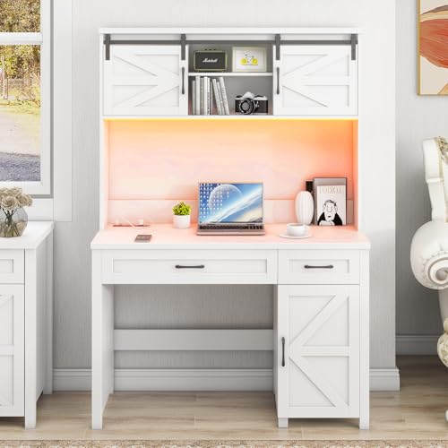 Halitaa Farmhouse 47" Computer Desk with Hutch, Workstation, Cream White | Home Office Desk, Executive Desk, 2 Drawers, LED Light, Storage Cabinet, Charging Hub, Workstation for Home Office and Study - color: Cream White, size: Right Cabinet 2-Drawer
