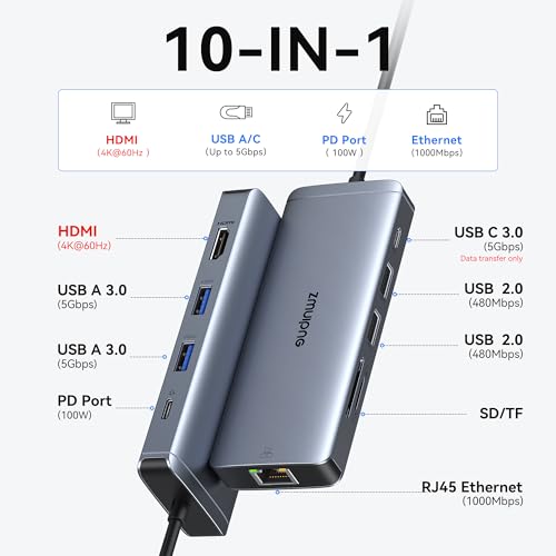 USB C Hub Ethernet USB-C Adapters for MacBook Pro/Air with HDMI 4K@60Hz | Mac Dongle with USB Port, 10 IN 1 USBC to HDMI Adapter 4K, USB C to Ethernet, 100W PD, USB-C to SD/TF Card Reader Dongle Hub