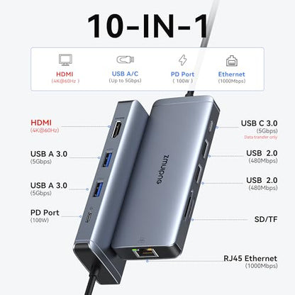 USB C Hub Ethernet USB-C Adapters for MacBook Pro/Air with HDMI 4K@60Hz | Mac Dongle with USB Port, 10 IN 1 USBC to HDMI Adapter 4K, USB C to Ethernet, 100W PD, USB-C to SD/TF Card Reader Dongle Hub