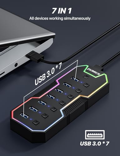 USB Hub 7 Port, RGB LED Strip USB Splitter for Laptop Gaming | USB 3.0 Hub with Individual LED On/Off Switches for Mac, PC, Desktop, Flash Drive, Mobile HDD