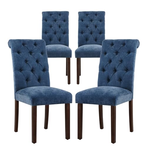 COLAMY Button Tufted Dining Chairs Set of 4, Parsons Upholstered Fabric Dining Room Chairs Kitchen Chairs with Wood Legs and Padded Seat, Blue - color: Blue, size: set of 4