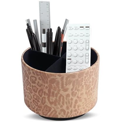 Round Leather Art Supply Organizer,Remote Control Holder,360 Degree Rotating,Multi-Functional Pencil Holder,4 Compartments Desktop Stationary Organizer(1-Leopard Brown) - color: 1-Leopard Brown