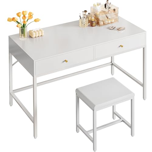 SUPERJARE 43-inch White Desk with 2 Drawers and Padded Stool - color: White, size: 43.3 inch