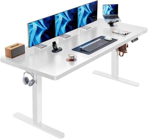 HUANUO 71 x 30 inch White Electric Standing Desk, Large Height Adjustable Table, 4 Memory Preset Sit Stand Up Desk, Powerful Brushless Motor Home Office Computer Table with Thick T-Shaped Frame - color: White, size: 71" X 30"