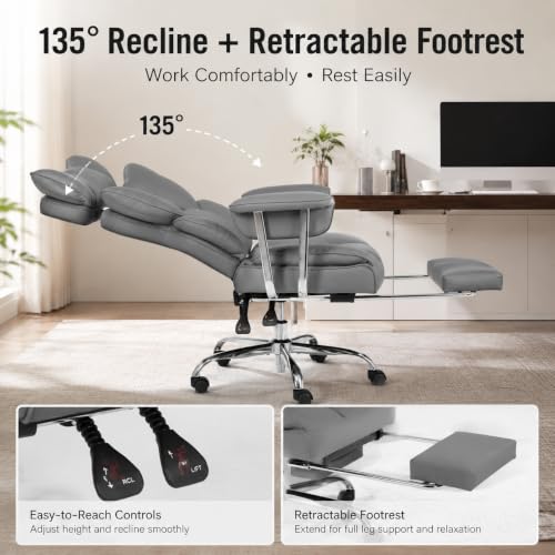 Big and Tall Office Chair, Ergonomic Executive Desk Chair with Footrest and Lumbar Support, Heavy Duty PU Leather Reclining Computer Chair with Extra Wide Seat for Home Office, Grey - color: Grey