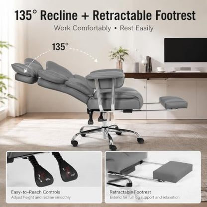 Big and Tall Office Chair, Ergonomic Executive Desk Chair with Footrest and Lumbar Support, Heavy Duty PU Leather Reclining Computer Chair with Extra Wide Seat for Home Office, Grey - color: Grey