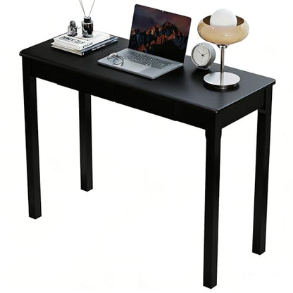 Solid Wooden Desk with Drawers - 39 x 16 Inch Modern Narrow Desks, Rubberwood Simple Study Table, Small Writing Desk for Bedroom|Small Spaces - Black Desks - color: Black, size: 39.4 in W x 15.7 in D