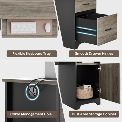 Bestier 59" Executive Desk, File Drawer, Keyboard Tray & 2 Drawers, Gray | File Drawer For Letter/A4/Legal Folders, 2 Storage Drawers, Keyboard Tray, Cable Management, 200 LBS Capacity, Wood Finish - color: Gray&black