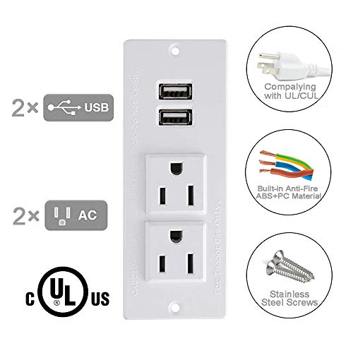 Recessed Power Strip with USB Mountable Power Strip with USB 2 Power Outlets 2 USB Hub Built in Desk Table Coneference Sofa Cabinet Drawer - color: White