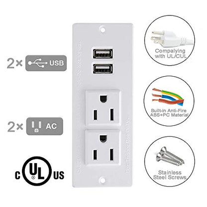 Recessed Power Strip with USB Mountable Power Strip with USB 2 Power Outlets 2 USB Hub Built in Desk Table Coneference Sofa Cabinet Drawer - color: White