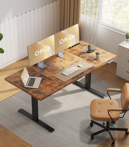 OffiGo 71" Executive Electric Standing Desk Height Adjustable, Rustic Brown | 1.38" Thick 3-Panel Desktop, Power Outlets, 3 Memory Presets, Dual-Beam Frame for Home Office, Workstation, Conference Room - color: Rustic Brown, size: 71 Inch