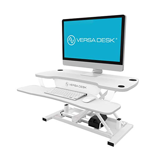 Power Pro Electric Height-Adjustable Desk Riser by VersaTables | USA Manufactured | Standing Desk Converter | Sit to Stand Desktop with Keyboard + Mouse Tray | 36"x 24" | White - color: White