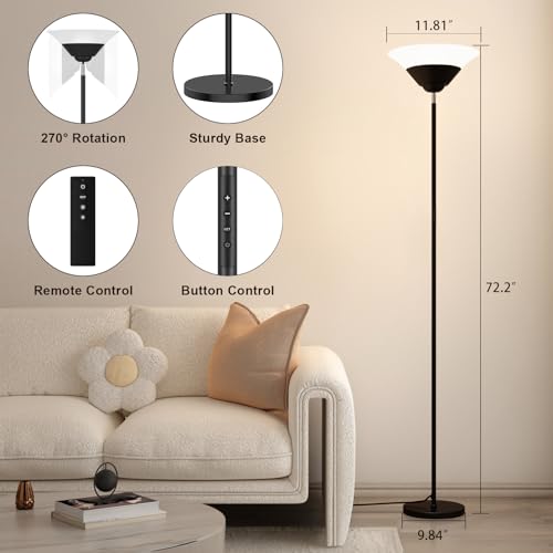 SIBRILLE Torchiere Floor Lamp, 72 Inch 30W LED Standing Lamp, 1800LM, Stepless Dimmable, 3000K-6500K, Remote and Button Control, Modern Pole Light for Living Room Bedroom Office, Black - color: Black