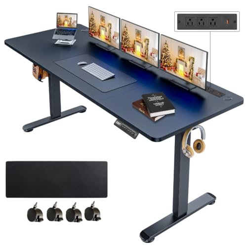 63''×24'' Electric Standing Desk with Power Outlets & Wheels, Black - color: Black, size: 63×24''