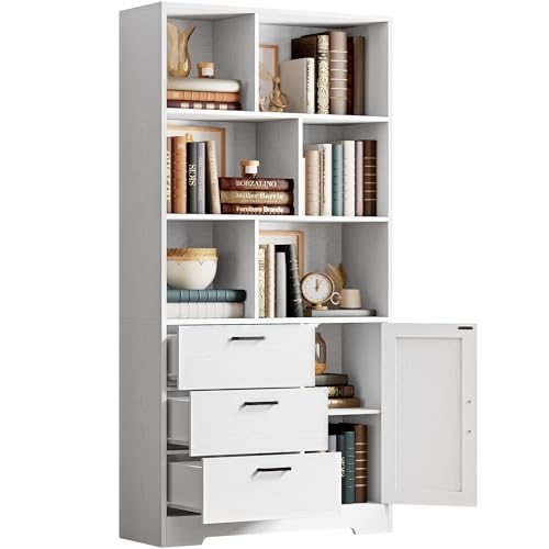 IRONCK 70.9-Inch Bookcase with Doors and 3 Drawers, White | 6 Open Cubes for Display and Storage, Ample Storage for Books and Decor, Suitable for Living Room, Home Office - color: Whte