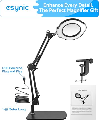 eSynic 10X Magnifying Glass with 84 LED Lights&4.2 Inch Large Len 2-in-1 Clamp&Stand Desk Magnifier Lamp-10 Brightness Levels-5 Color Modes for Crafts Reading Repair[HD Glass Lens Not Acrylic]