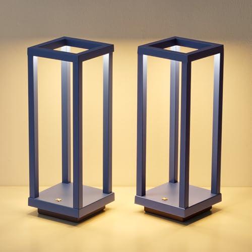 PUSU Cordless Waterproof Table Lamps Set of 2, Blue LED Outdoor Desk Lamp | Rechargeable 4000mAh Battery Operated, 2700K 3-Level Dimmable, Portable Lighting for Patio, Camping, Bedroom, Night Light - color: Matte Blue (2 Pack)