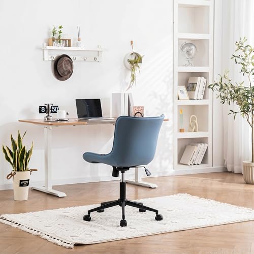 YOUNIKE Office Desk Chair with Wheels Armless Vanity Chair Modern Blue | Faux Leather Upholstered with Rocking Back, Swivel Height Adjustable Small Cute Computer Rolling Task Chair Ergonomic 300lb - color: Blue, size: Base Black