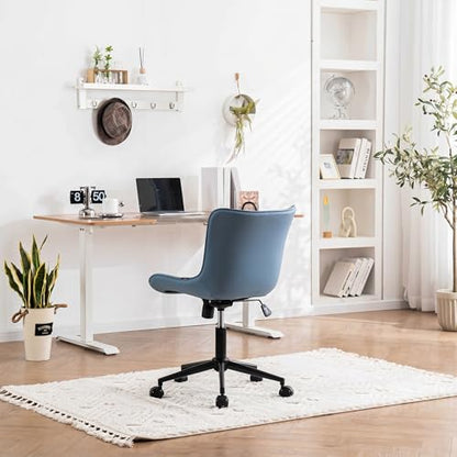 YOUNIKE Office Desk Chair with Wheels Armless Vanity Chair Modern Blue | Faux Leather Upholstered with Rocking Back, Swivel Height Adjustable Small Cute Computer Rolling Task Chair Ergonomic 300lb - color: Blue, size: Base Black