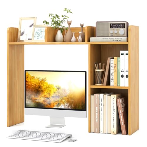 Tangkula Desktop Bookshelf, Countertop Storage Hutch with Shelves for Computer Desk, Desk 3-Tier Display Rack, Multipurpose Wood Desktop Hutch Storage Organizer for Dorm Office - color: Burlywood, size: 5 Shelves