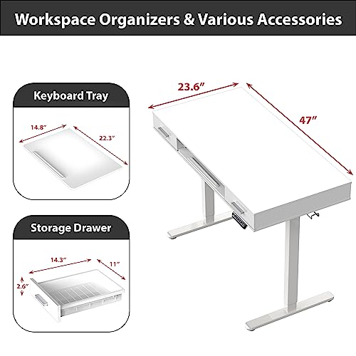 SHW 48-Inch Electric Height Adjustable Desk w/Keyboard Tray, White | w/ 2 Drawers | Memory Presets and Cable Management | Hanging Hooks - color: White