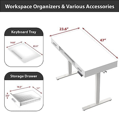 SHW 48-Inch Electric Height Adjustable Desk w/Keyboard Tray, White | w/ 2 Drawers | Memory Presets and Cable Management | Hanging Hooks - color: White