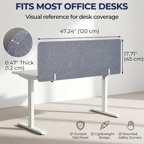 Desk Privacy Panel, Gray Clamp-On Divider for Office & Home | No-Drill Clamp Mount,Under Desk,Polyester,Cable Routing Clearance,Pin-Friendly Felt Surface,48" x 18"