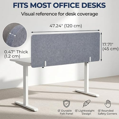 Desk Privacy Panel, Gray Clamp-On Divider for Office & Home | No-Drill Clamp Mount,Under Desk,Polyester,Cable Routing Clearance,Pin-Friendly Felt Surface,48" x 18"