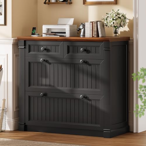 SEDETA 4 Drawers File Cabinet, 33" Farmhouse Filing Cabinets for Home Office fit Legal/Letter/A4 File, Wood Office File Cabinet with Power Outlets, Printer Stand with Storage, Black+Brown - color: Black+brown