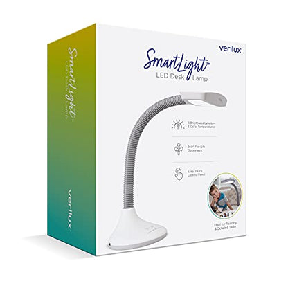 Verilux SmartLight Full Spectrum LED Desk Lamp with Adjustable Brightness, Flexible Gooseneck and Integrated USB Charging Port - Reduces Eye Strain and Fatigue - Ideal for Readers, Artists, Crafters