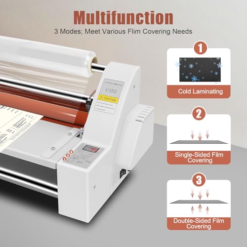Hot Cold Laminator Machine, Roll Laminating Device, Adjustable Temperature, Single Double-Sided, Silent High-Speed Motor, Office School Home, Digital Display, Tension Control, 13.78 inch Width