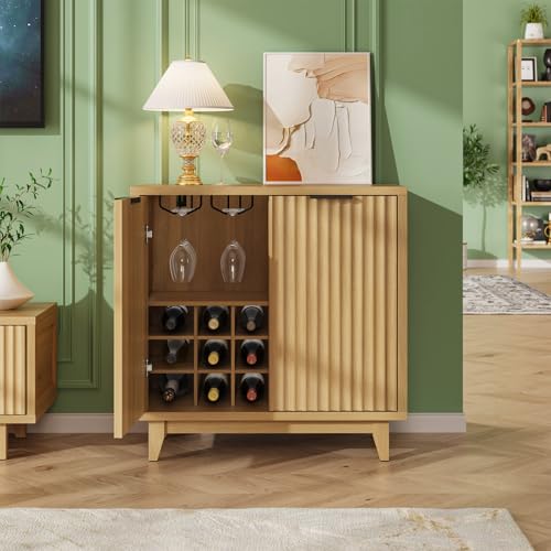 Fluted Coffee Bar Cabinet with Storage, Modern Sideboard Buffet Cabinet - color: Wood Grain, size: Coffee Bar - 15.7"D x 31.5"W x 31.5"H