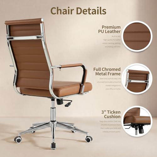 Okeysen Office Desk Chair, Ergonomic Leather Modern Conference Room Chairs, Executive Ribbed Height Adjustable Swivel Rolling Chair for Home Office. (Brown) - color: Brown