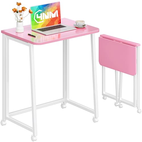 4NM 23.6" Mobile Small Folding Desk, Foldable Rolling Computer Home Office Desk, Study Writing Table for Small Space Saving Bedroom, with Wheels - Pink and White - color: Pink and White, size: 23.6"W x 15.7"D